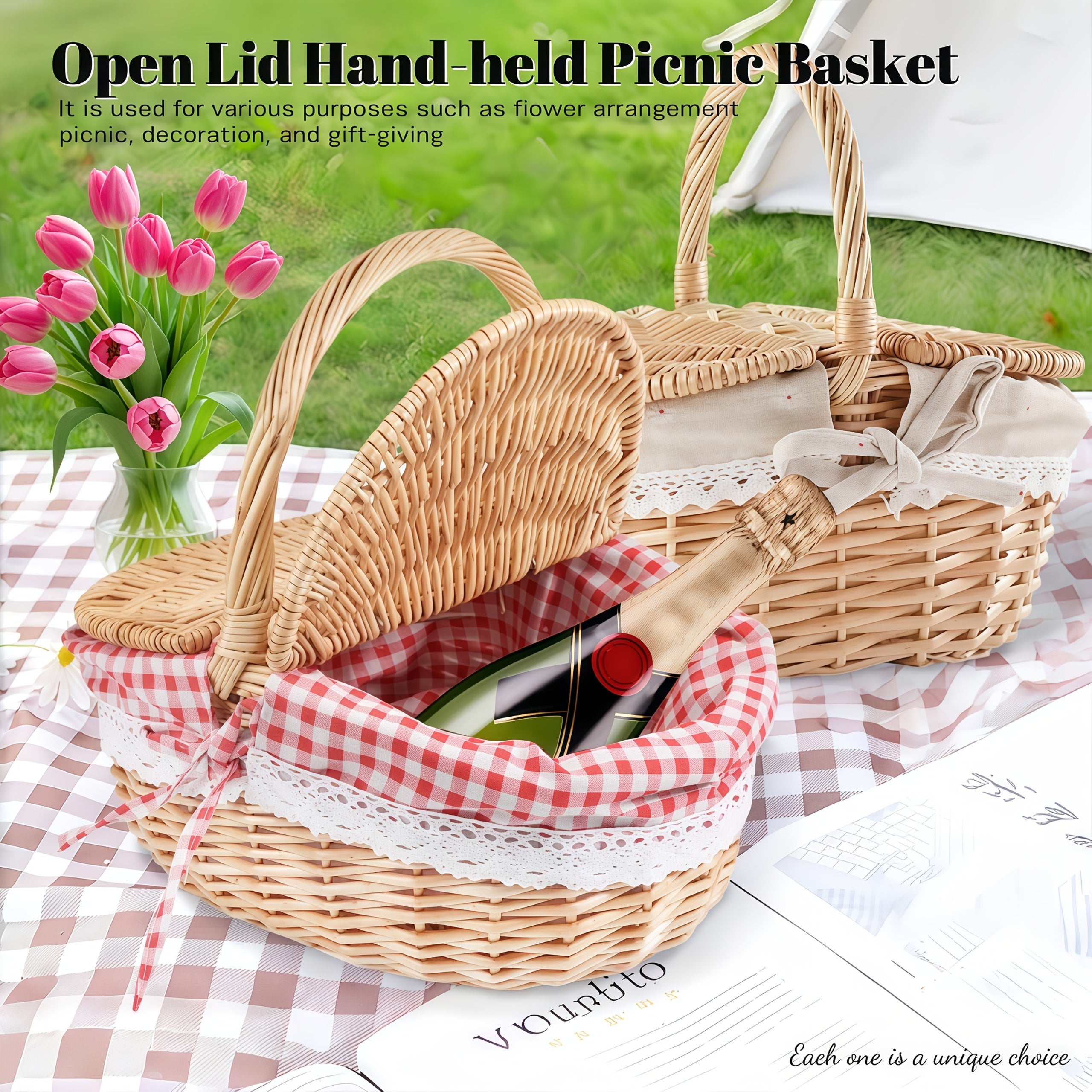 Covered Picnic Basket | Portable Lined Outdoor Gift Travel Basket