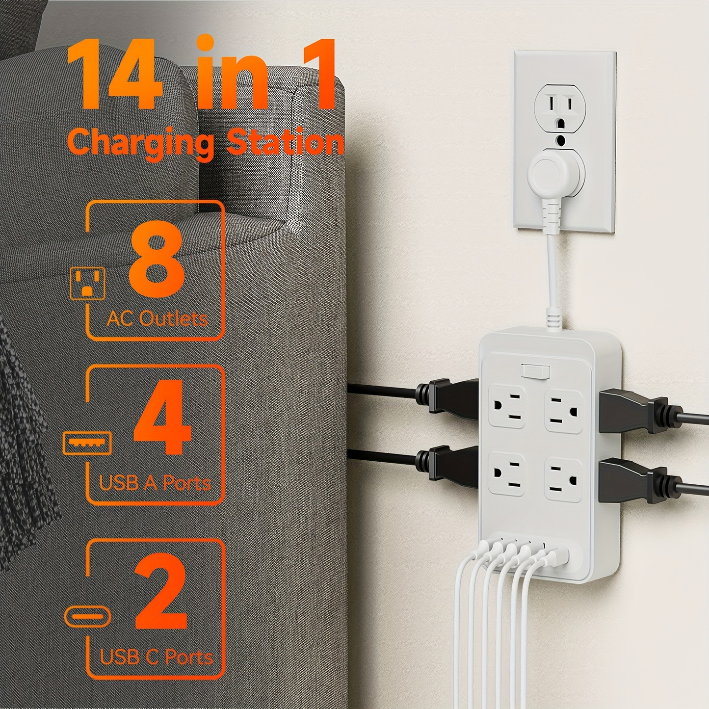 Power Strip Flat Plug Surge Protector with 6 AC Outlets 4 USB Ports 2 USB-C 2 USB-A 5ft Extension Cord Desk Charging Station for Home Dorm Office Travel