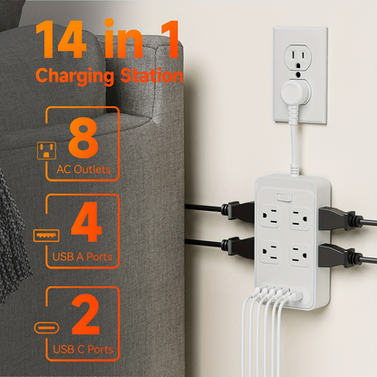 Power Strip Flat Plug Surge Protector with 6 AC Outlets 4 USB Ports 2 USB-C 2 USB-A 5ft Extension Cord Desk Charging Station for Home Dorm Office Travel