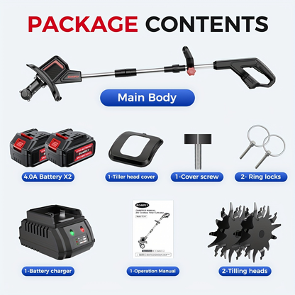 Cordless Electric Cultivator 360RPM - Wireless Electric Tiller & Soil Loosening Machine with 2×4.0Ah Batteries & Charger for Soil Aeration, Weeding, Landscaping - Portable for Home & Professional Garden Use