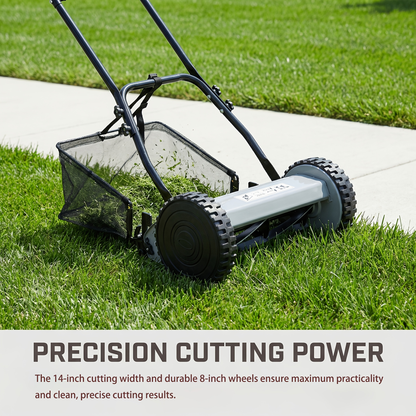 Reel Lawn Mower 14-Inch 5-Blade Manual Push with Grass Catcher, Adjustable Height 0.6"-1.8", Quiet No-Gas Walk-Behind Mower for Small Yards, 13.6 lbs Lightweight