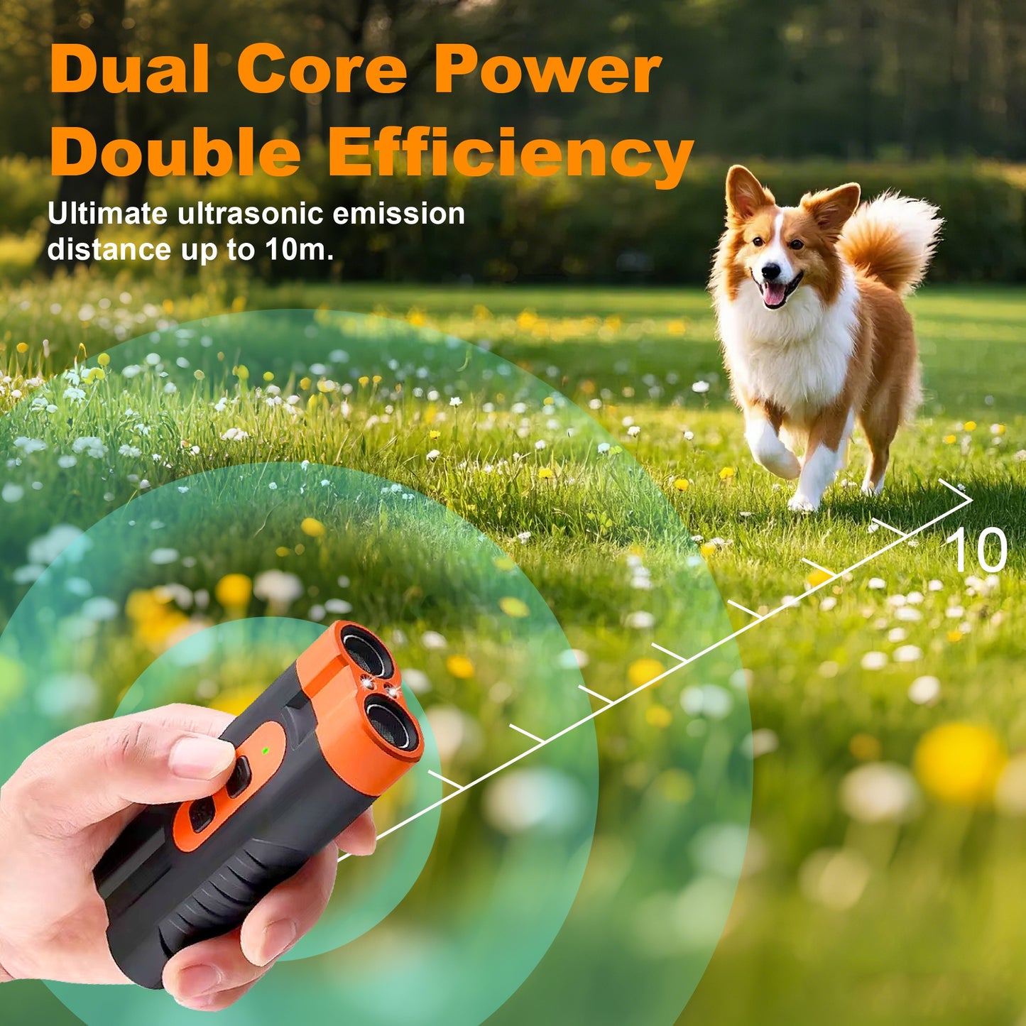 Ultrasonic Dog Repellent Device - Handheld Bark Control with Dual-Head System, LED Light & One-Touch Operation for Small Medium Large Dogs