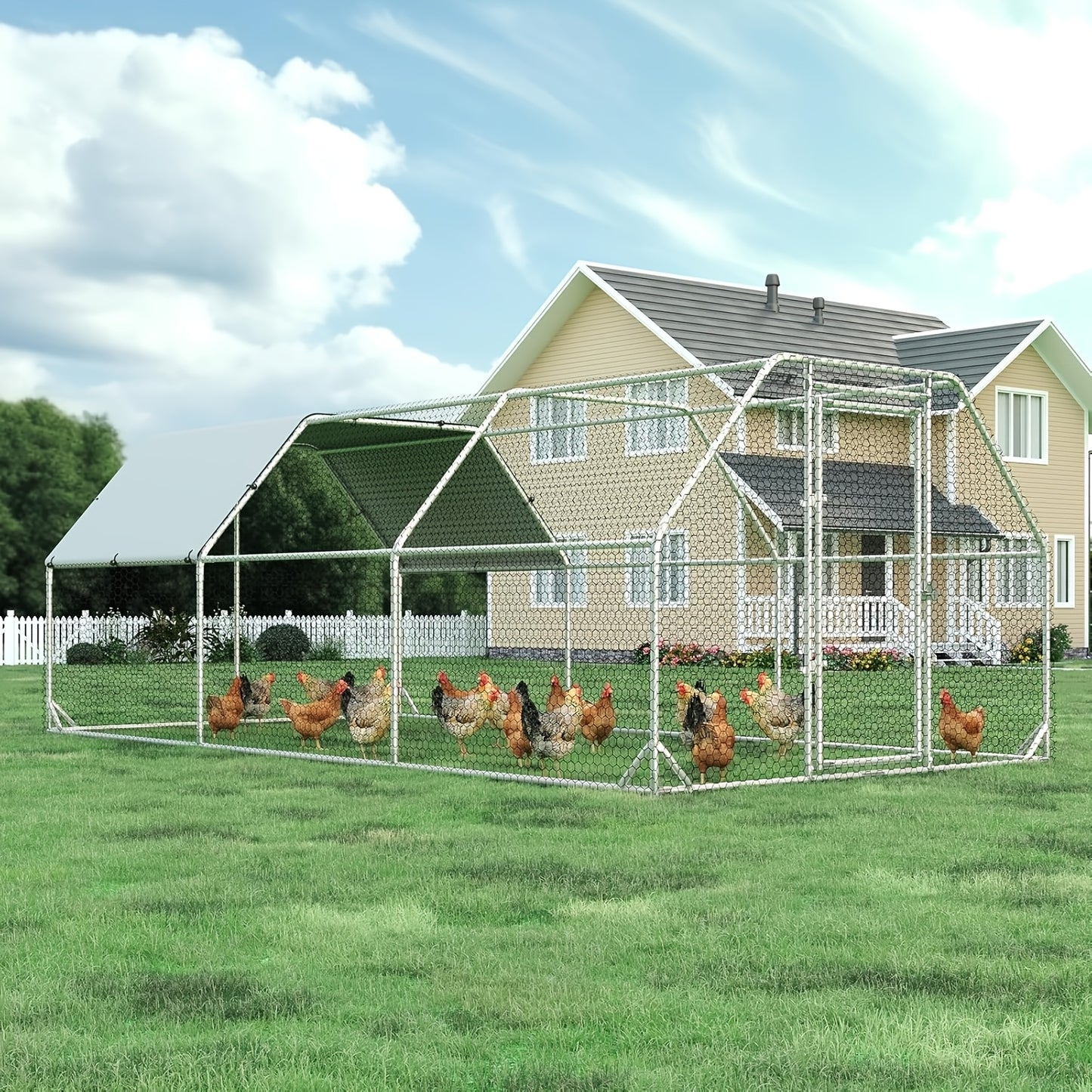Metal Chicken Run Walk-in Poultry Enclosure with UV Protection - Dome Flat & Spire Roof Styles, Spacious Outdoor Backyard Farm Chicken Pen, Multiple Size Options