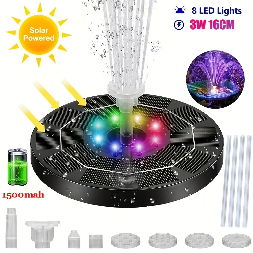 Solar Water Fountain Pump 3W 6.3in 1500mAh Battery 6 Nozzles LED