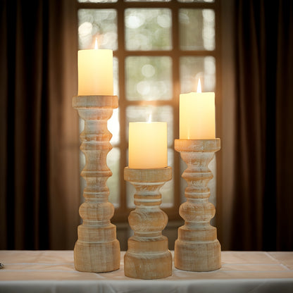 Pillar Candle Holders Set of 3 Rustic Farmhouse Wood Brown Centerpiece Table Fireplace Mantel Coffee Table Home Decor Gift