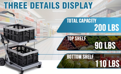 Two Tier Cart with 2 Storage Crates 360° Swivel Wheels, Heavy Duty Collapsible Shopping Trolley Folding Utility Cart for Groceries Picnic Office Multi-Use