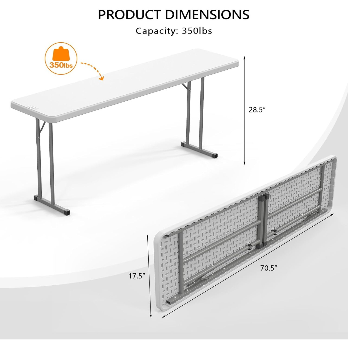 Folding Table 6 ft Narrow HDPE Top 350 lbs Capacity Steel Frame Portable Indoor Outdoor Table for Party, Buffet, Camping & Office
