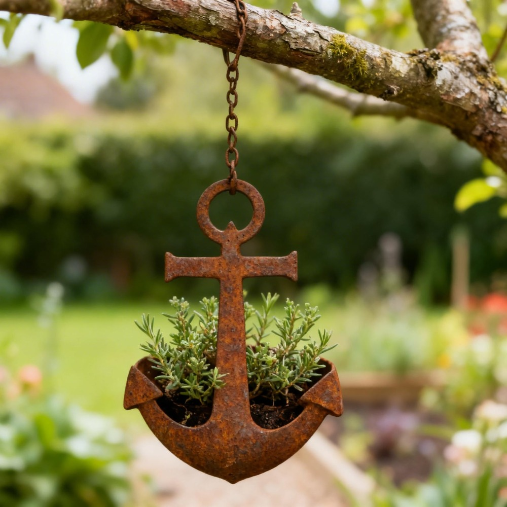 Metal Wall Hanging Planter - Rustic Anchor Plant Holder Nautical Garden Decor Iron Pot 2pcs