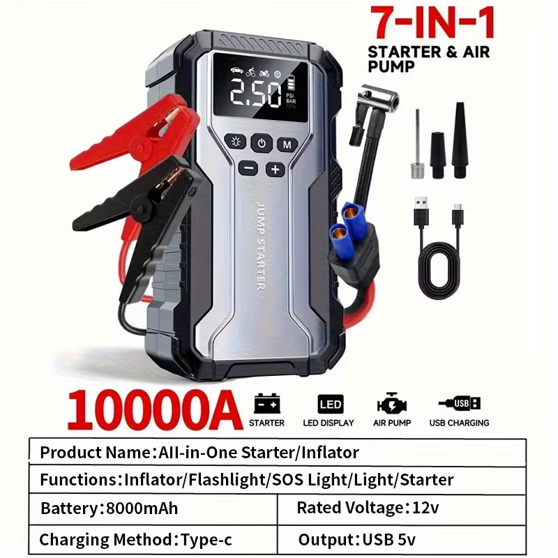 Car Jump Starter 10000A 7-in-1 Portable Battery Booster with Air Pump, Digital Tire Inflator 150PSI, LED Emergency Light for Gas & Diesel Vehicles
