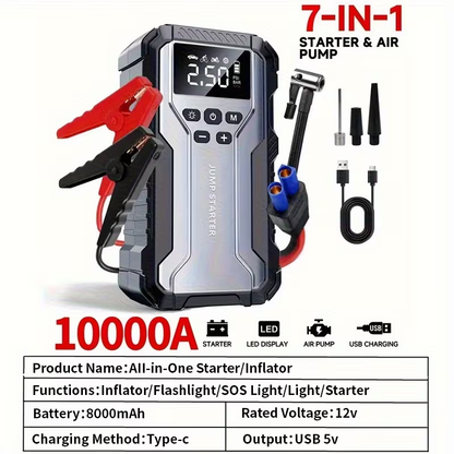 Car Jump Starter 10000A 7-in-1 Portable Battery Booster with Air Pump, Digital Tire Inflator 150PSI, LED Emergency Light for Gas & Diesel Vehicles