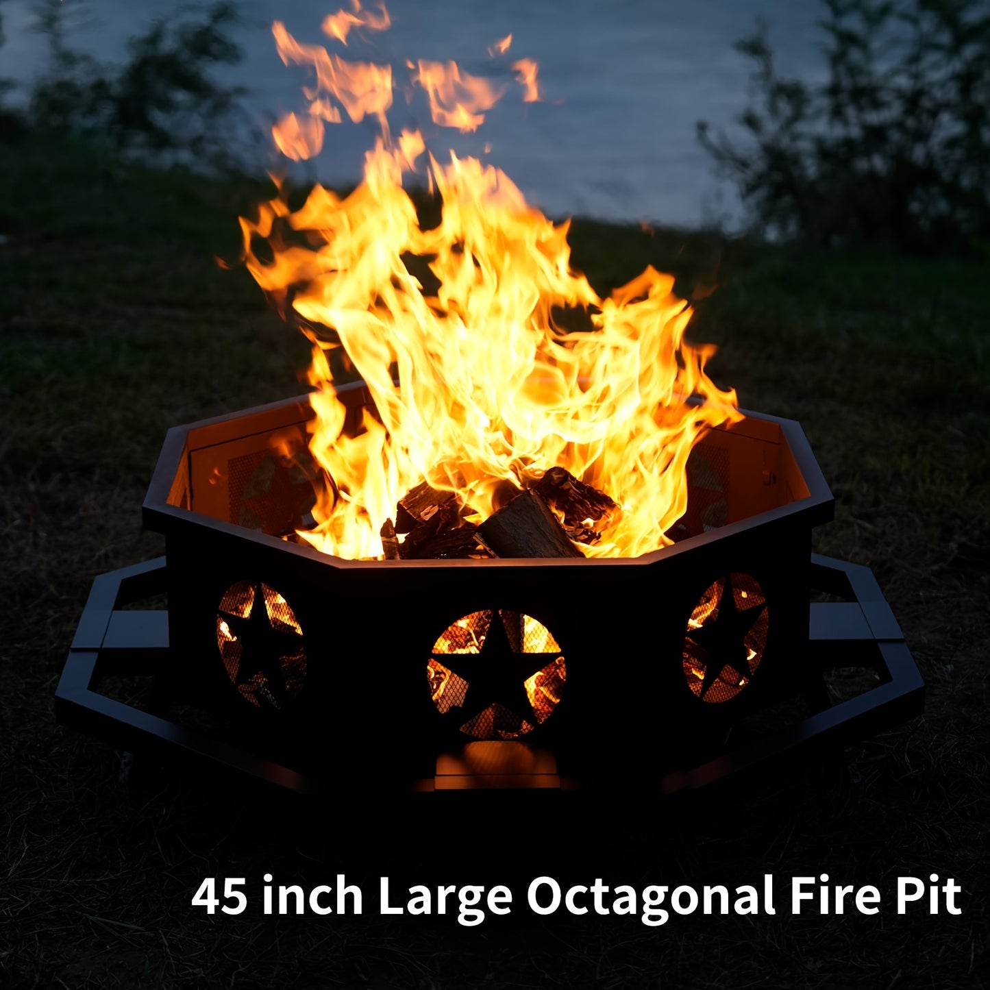 Extra Large Octagonal Fire Pit for Outside, Heavy Duty Steel Wood Burning Firepit for Backyard Patio Camping Garden, 43 & 45 Inch Outdoor Fire Bowl, Black