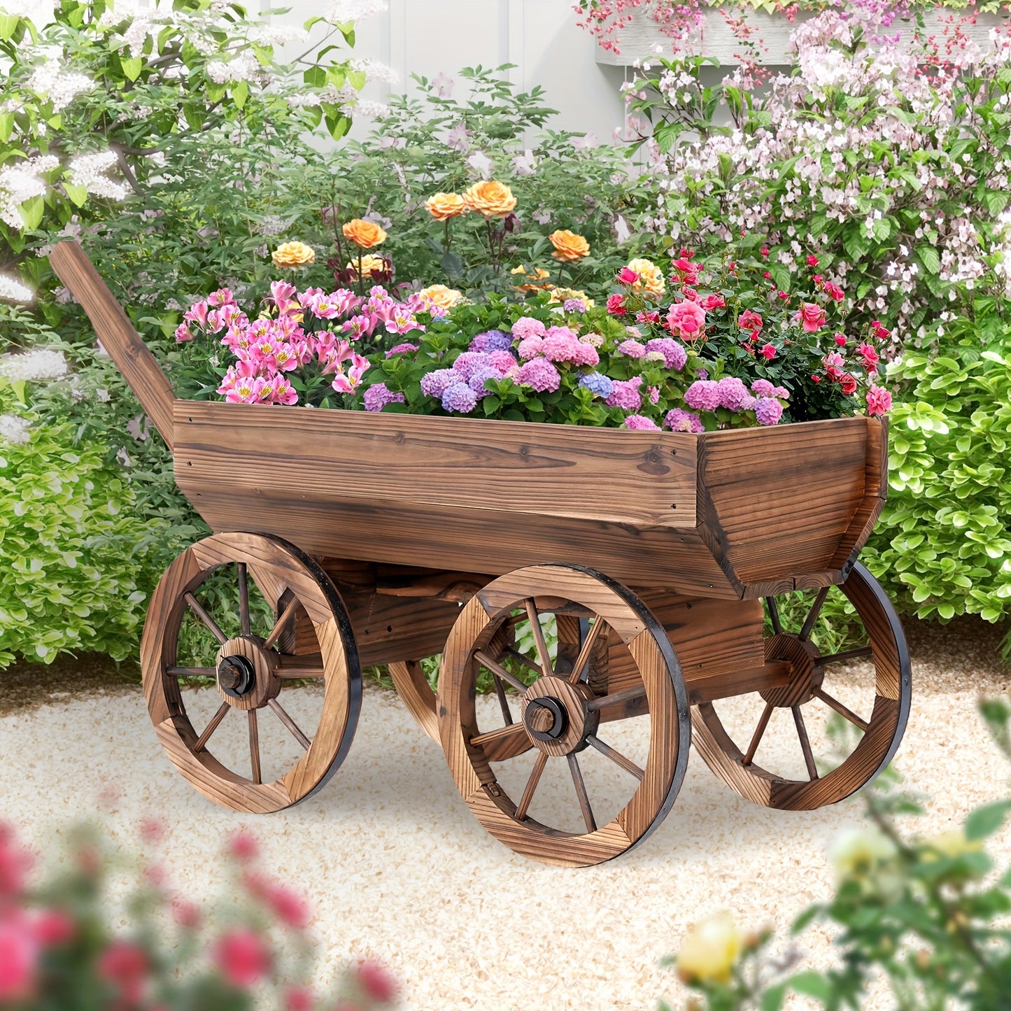 Wooden Wagon Planter with Wheels – Rustic Handcrafted Flower Cart for Patio, Balcony & Garden, Multi-Tier Ladder Shelf Outdoor Yard Decor