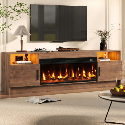 Entertainment Center with Electric Fireplace 70 Inch TV Stand for TVs up to 80" 36" Fireplace 20-Color LED High Gloss Storage Cabinet Wood Grain