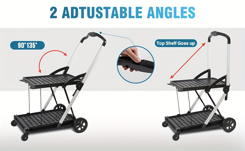 Two Tier Cart with 2 Storage Crates 360° Swivel Wheels, Heavy Duty Collapsible Shopping Trolley Folding Utility Cart for Groceries Picnic Office Multi-Use