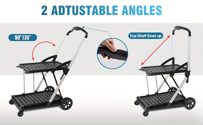 Two Tier Cart with 2 Storage Crates 360° Swivel Wheels, Heavy Duty Collapsible Shopping Trolley Folding Utility Cart for Groceries Picnic Office Multi-Use