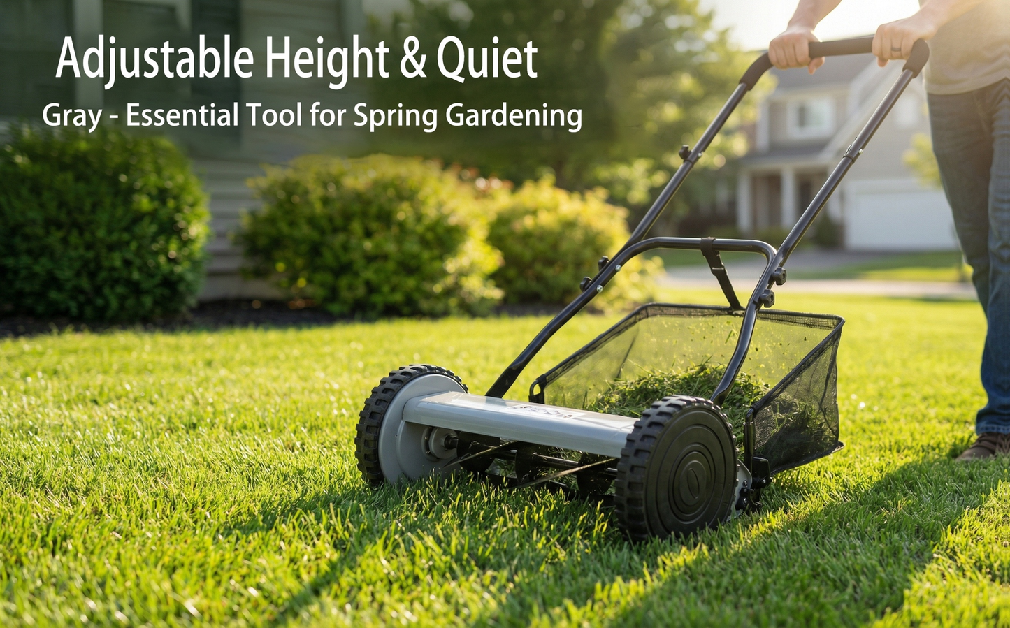 Reel Lawn Mower 14-Inch 5-Blade Manual Push with Grass Catcher, Adjustable Height 0.6"-1.8", Quiet No-Gas Walk-Behind Mower for Small Yards, 13.6 lbs Lightweight