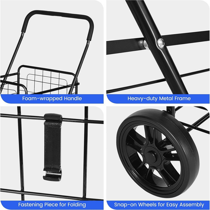 Rolling Shopping Cart Heavy Duty Metal Basket 100 LBS Capacity, Foldable Grocery Utility Cart with Foam Handle Large Wheels 22 Gal for Supermarket Laundry Warehouse