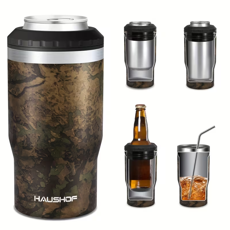 Can Cooler Insulated Stainless Steel 4-in-1 for 12 oz Standard Slim Can & Beer Bottle – Double Wall Sweat-Proof Beer Koozie for Camping Beach Tailgate BBQ Outdoor Party