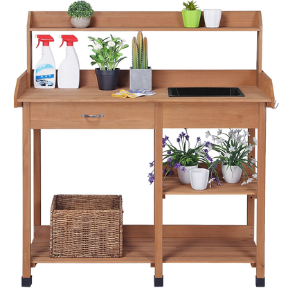 Garden Potting Table 4-Tier with Removable Sink, Adjustable Shelf, Drawer & Side Hooks, Outdoor Planter Stand for Yard Greenhouse in Wood, Brown & Gray