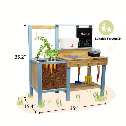 Kids Potting Bench Wooden Outdoor Toy Gardening Center with Planter Box Sink Faucet Blackboard Storage Shelf Garden Pretend Play Workstation for Toddlers Children