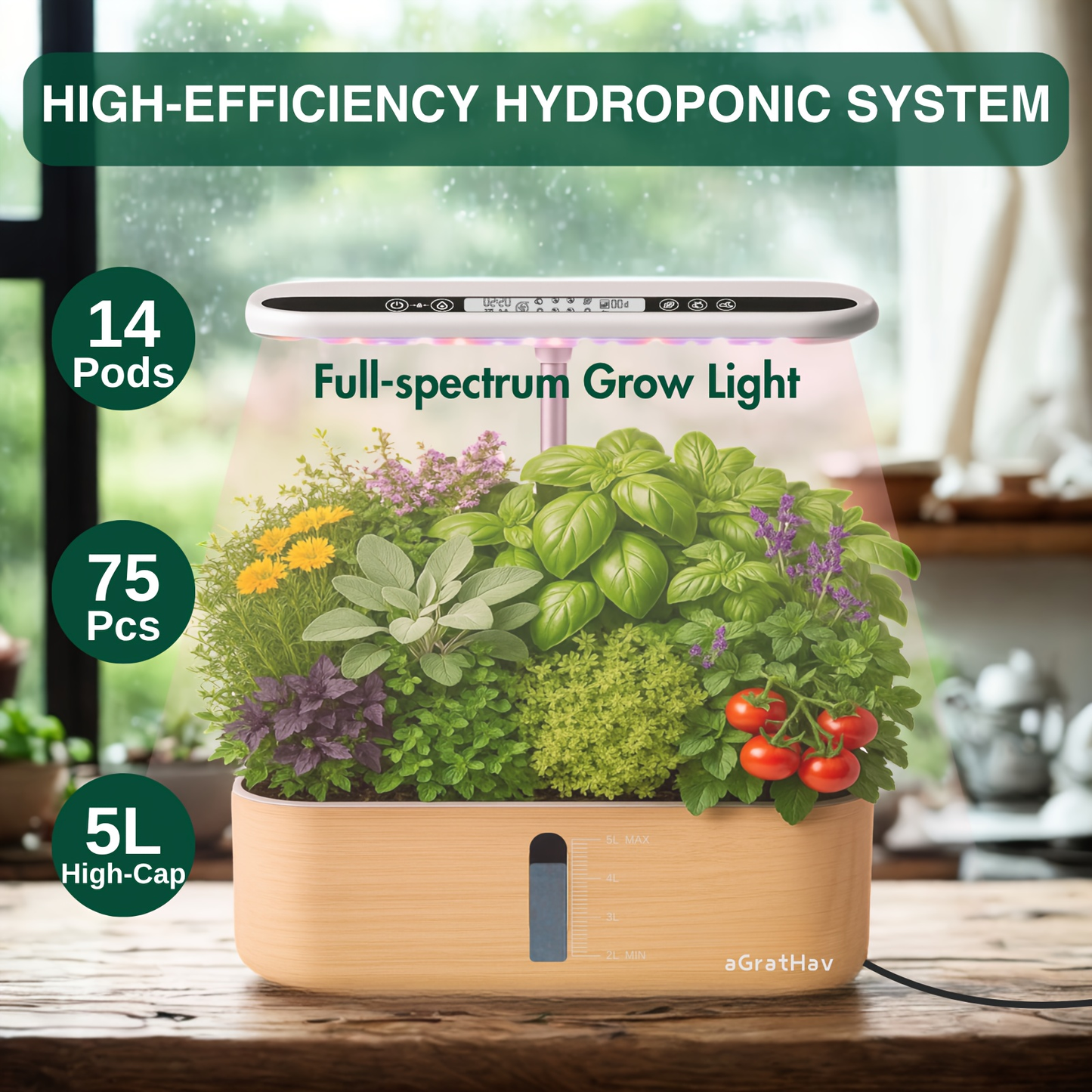Hydroponic Garden Kit 14-Pod with LED Grow Light – Smart Timer, Quiet Pump & 1.32 Gal Tank, 75-Piece Indoor Herb Garden System for Vegetables, Flowers & Herbs, Plug & Play