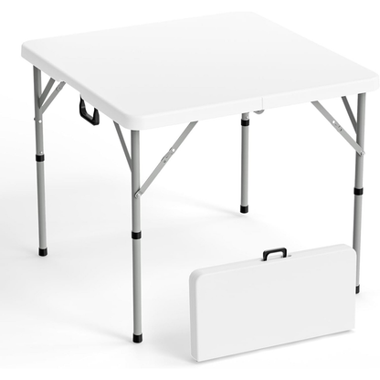 Square Folding Table 34" Bi-Fold HDPE Top 330 lbs Capacity Rust-Resistant Frame with Carry Handle for Party, Wedding, Camping & Indoor Use