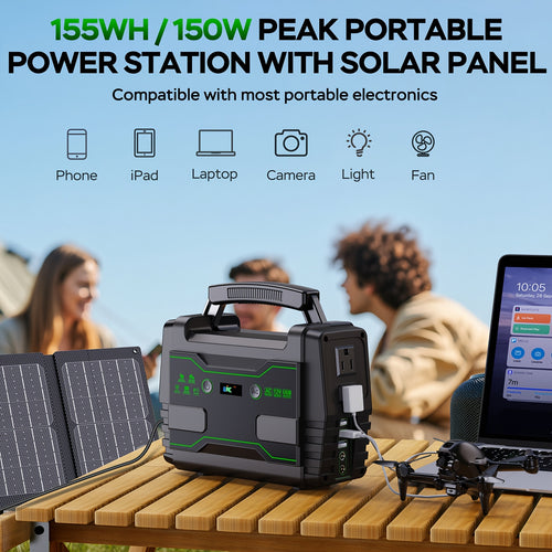 Portable Power Station 155WH/222WH with Solar Panel Option - Solar Generator, Lithium Battery Pack, AC Outlet, USB, LED Light for Camping, RV, Home Emergency Backup, Laptop, Outdoor Use