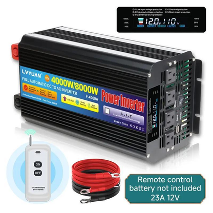 Pure Sine Wave Power Inverter 4000W 8000W Peak DC 12V to AC 110V with LCD Display Remote Control 4 AC Outlets for Car Truck RV Boat Solar Off-Grid