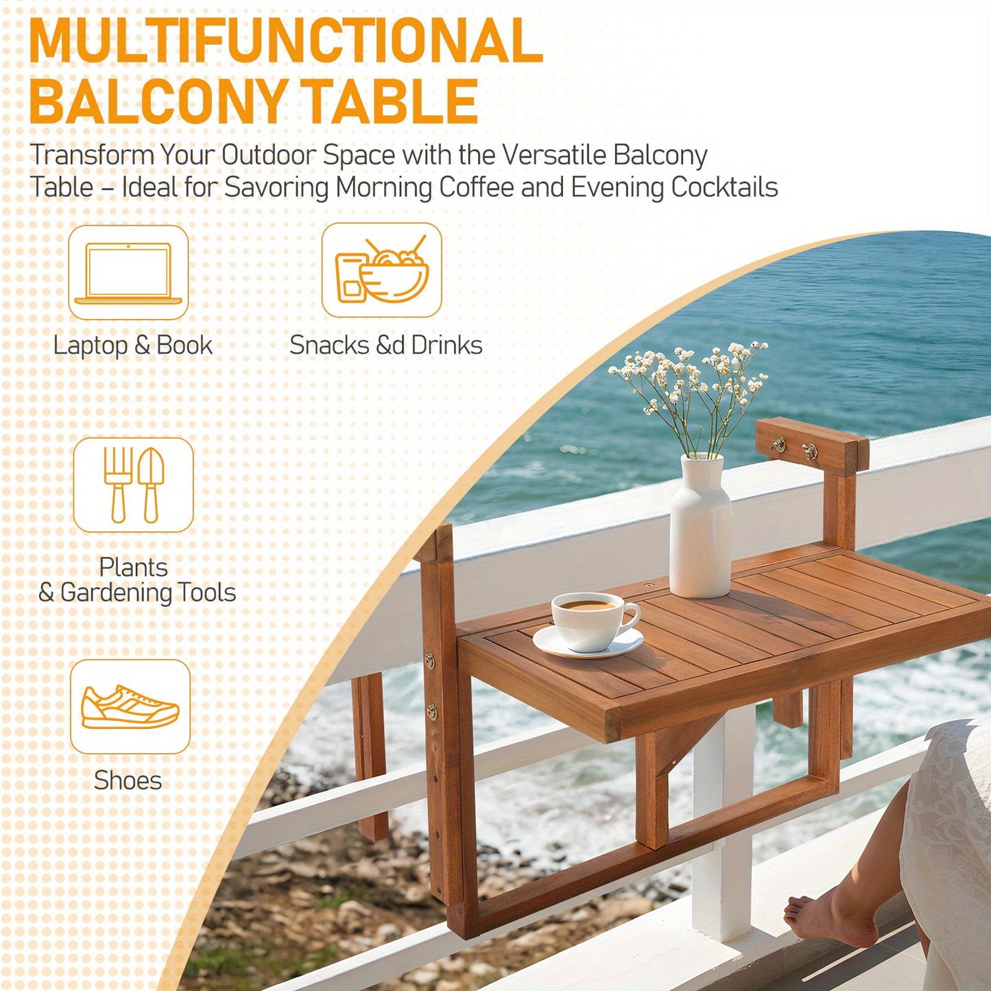 Acacia Wood Folding Side Table Hangable Wall-Mounted Patio Table 25in Square Semi-Round Outdoor Indoor Balcony Deck Space-Saving Foldable Wood Table