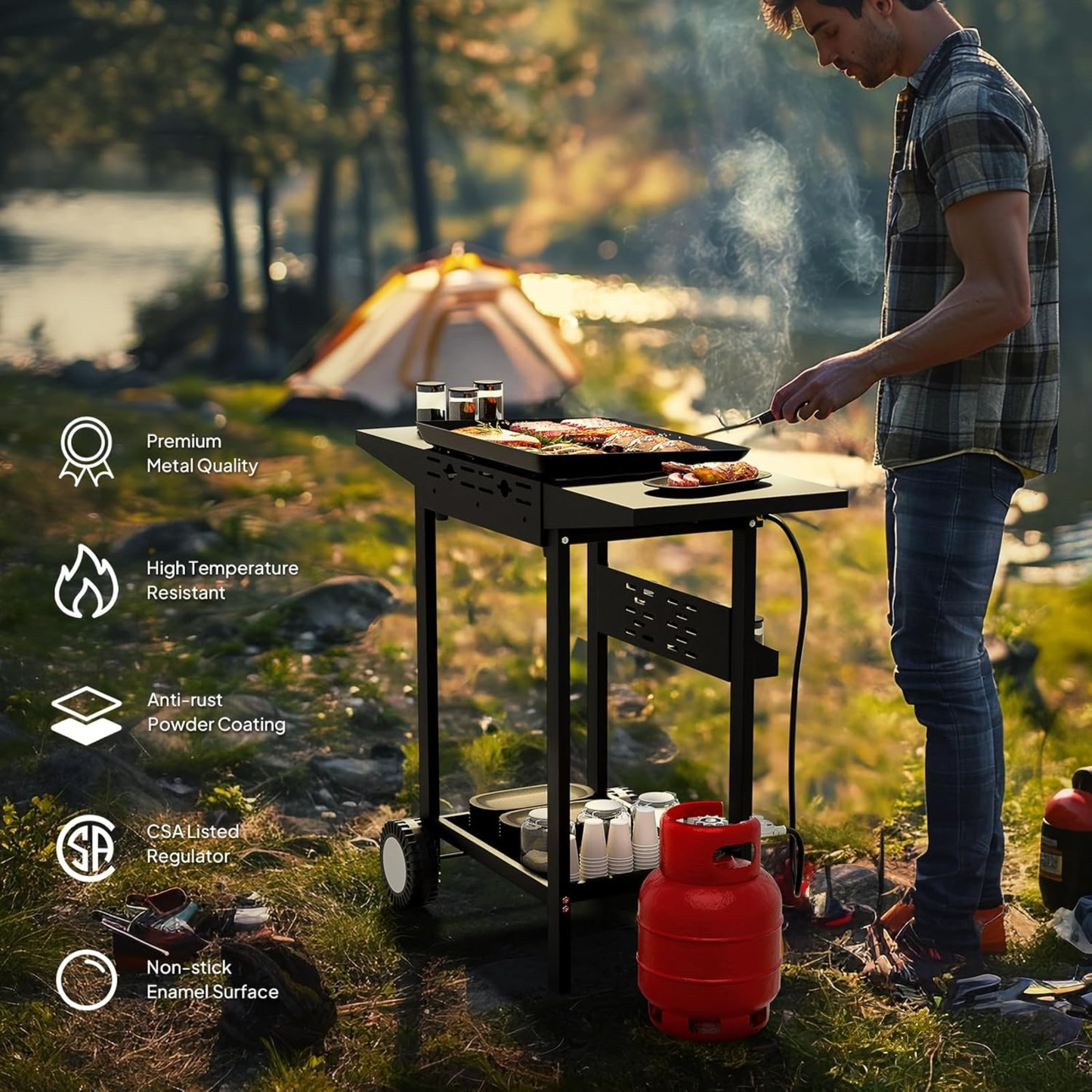 Flat Top Griddle Propane Tabletop 2 or 4 Burner, 20000 BTU Portable Gas Grill with Nonstick Enamel Tray, Piezo Ignition, 246 Sq In Cooking Surface for Camping BBQ Tailgating Backyard