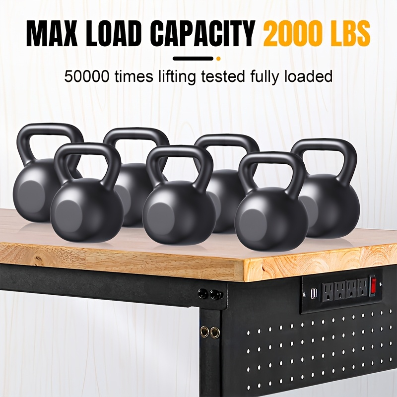 Workbench Heavy Duty Height Adjustable 28-40 Inch 2000 LBS Capacity Steel Frame Rubber Wood Top ETL Power Outlet Pegboard for Garage Workshop Home Office