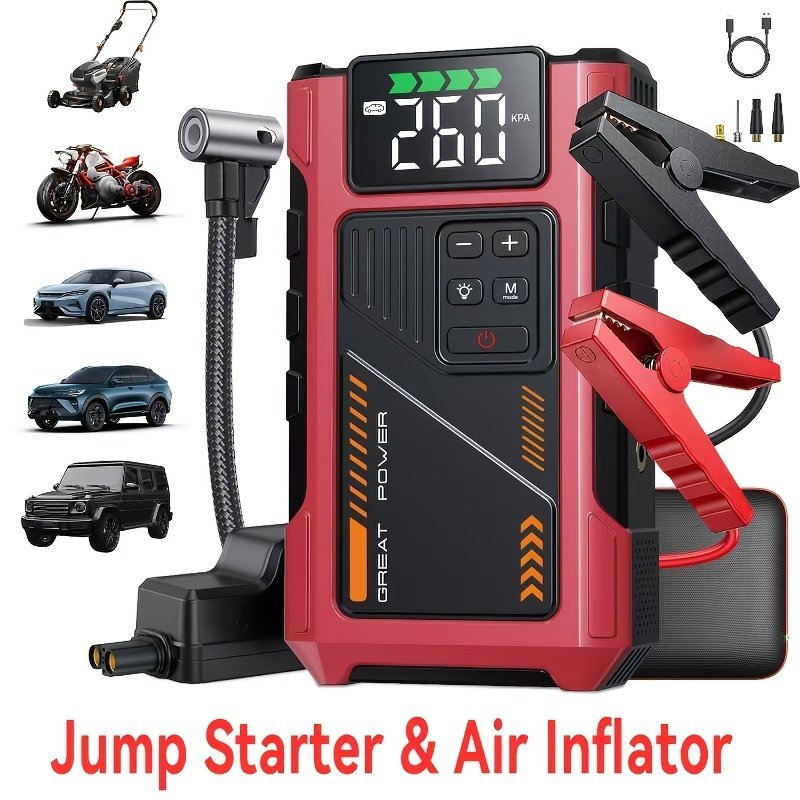 Jump Starter with Air Compressor 5000A Peak 150PSI Tire Inflator 5-in-1 Portable Car Battery Jump Pack for 8.0L Gas 6.5L Diesel Engine Digital Display Smart Cables 12V Power Bank