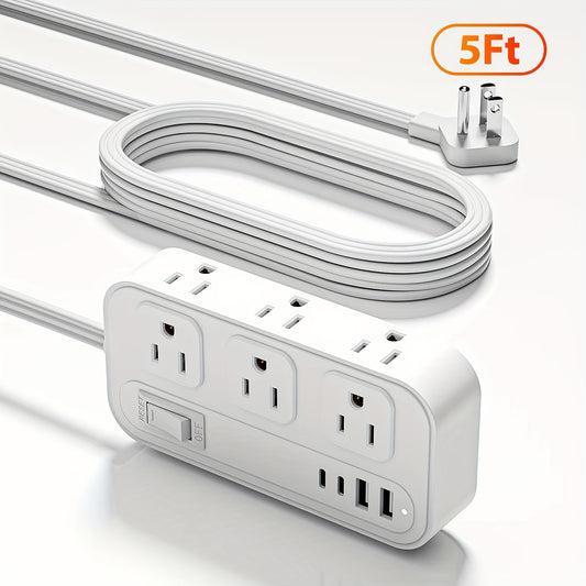 Power Strip Flat Plug Surge Protector with 6 AC Outlets 4 USB Ports 2 USB-C 2 USB-A 5ft Extension Cord Desk Charging Station for Home Dorm Office Travel