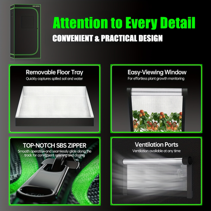 Hydroponic Grow Tent 1680D Mylar 100% Reflective with Tray & Observation Window, Indoor Plant Tent for Seedling to Flowering, Fits Closet & Balcony, Multiple Sizes