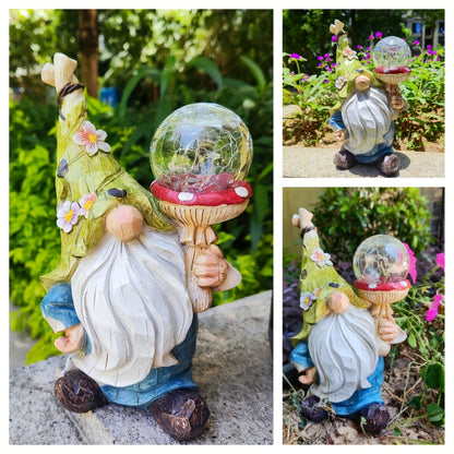 Solar Garden Gnome Statue with LED Magical Ball Light Outdoor Resin Dwarf Sculpture IP44 Waterproof Spring Yard Patio Decor Housewarming Gift