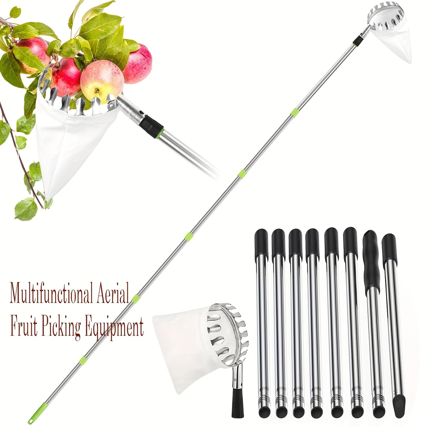 Fruit Picker Stainless Steel Adjustable Extension Pole - Tall Tree Orchard Picking Tool with Non-Slip Handle for Apples, Avocados, Peaches, Pears, Lemons, Cherries & Plums - 63 to 157 Inch