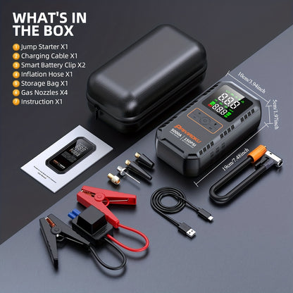 Portable Jump Starter 5000A 7-in-1 with Air Compressor 150PSI, Battery Booster for Car 7.0L Gas/6.0L Diesel, QC3.0 Power Bank, LCD Display & LED Emergency Light