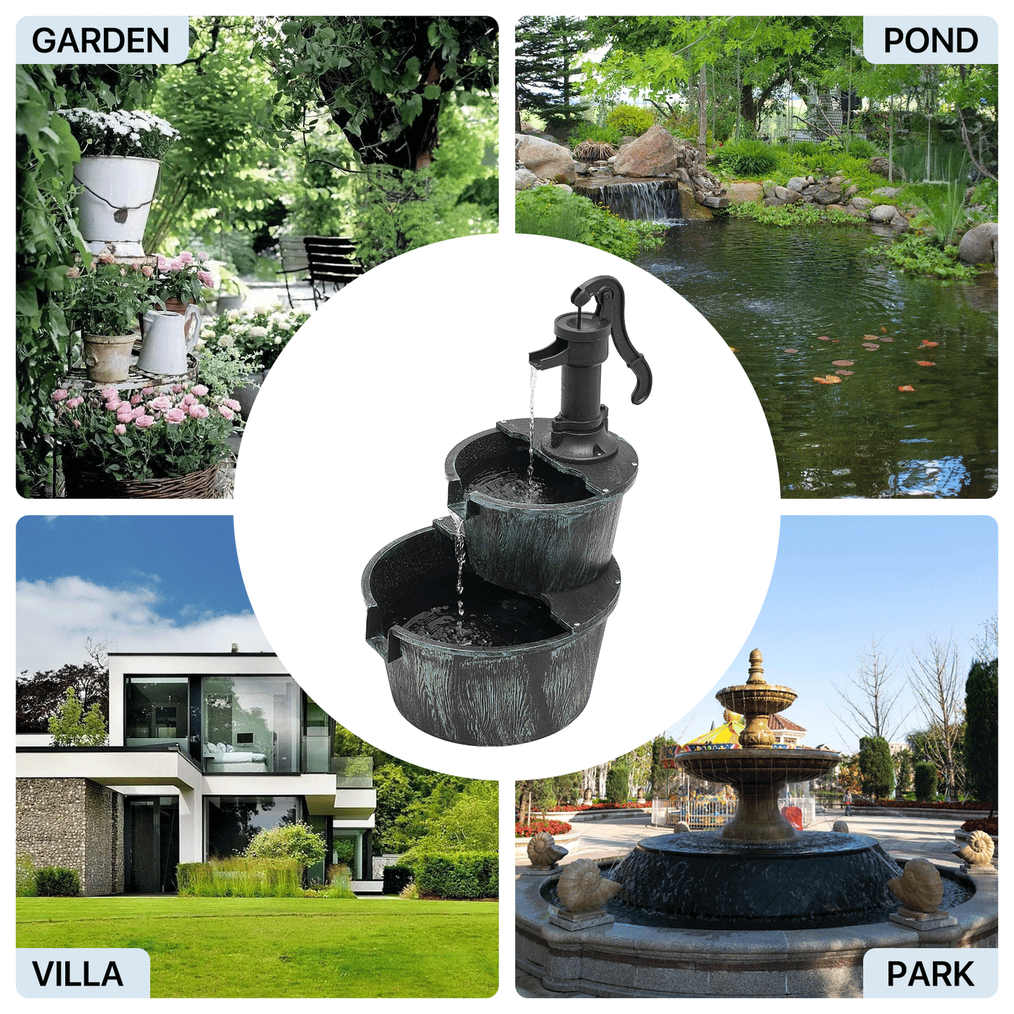 Outdoor Water Fountain 2-Tier | Barrel Waterfall Patio Garden Decor