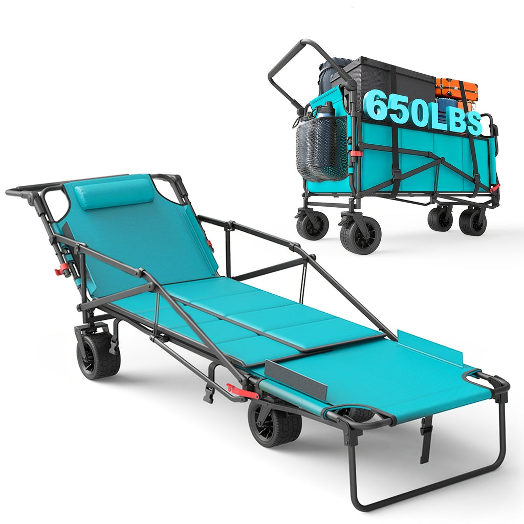 Folding Wagon 2-in-1 Convertible Beach Chair 650LBS | All-Terrain Utility Cart Camping Beach Garden Shopping
