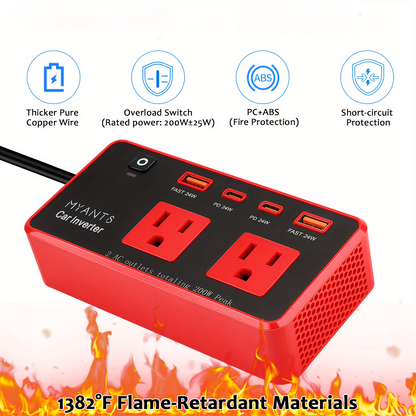 Vehicle Power Inverter 200W DC 12V to AC 110V 120V with 24W PD USB-C Fast Charging QC3.0 Multi-Port Car Charger Adapter for Phone Tablet Laptop Travel Road Trip