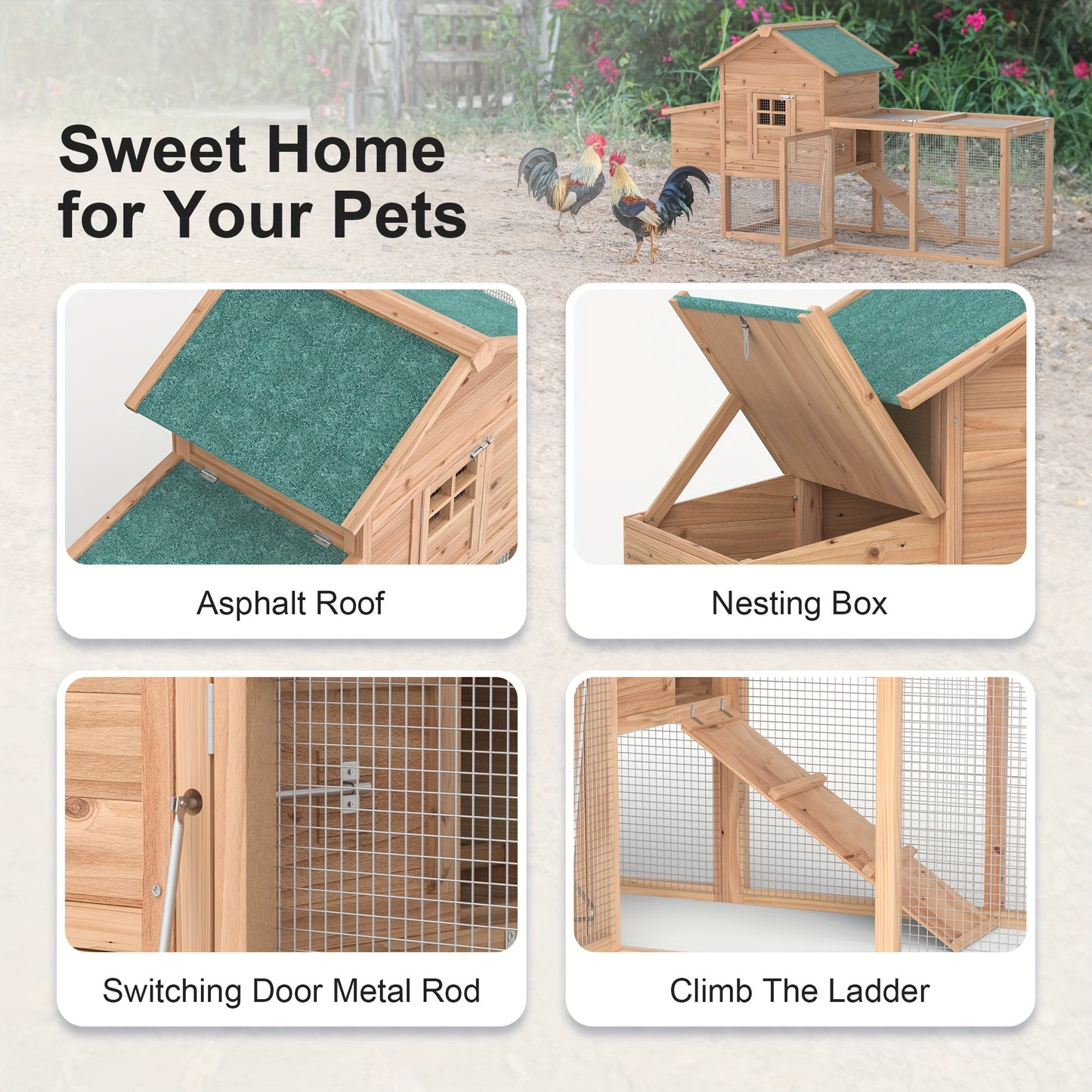 Wooden Rabbit Hutch Outdoor Chicken Coop with Run Nesting Box Ramp Sliding Tray Asphalt Roof Fir Wood 80.7 Inch for 2-4 Chickens Ducks Guinea Pigs Weather-Resistant
