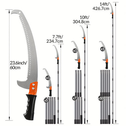 Tree Pruner Pole Saw 10ft–14ft Extendable – Alloy Steel Blade, Lightweight Manual High Reach Pruning Saw for Yard, Garden & Forestry