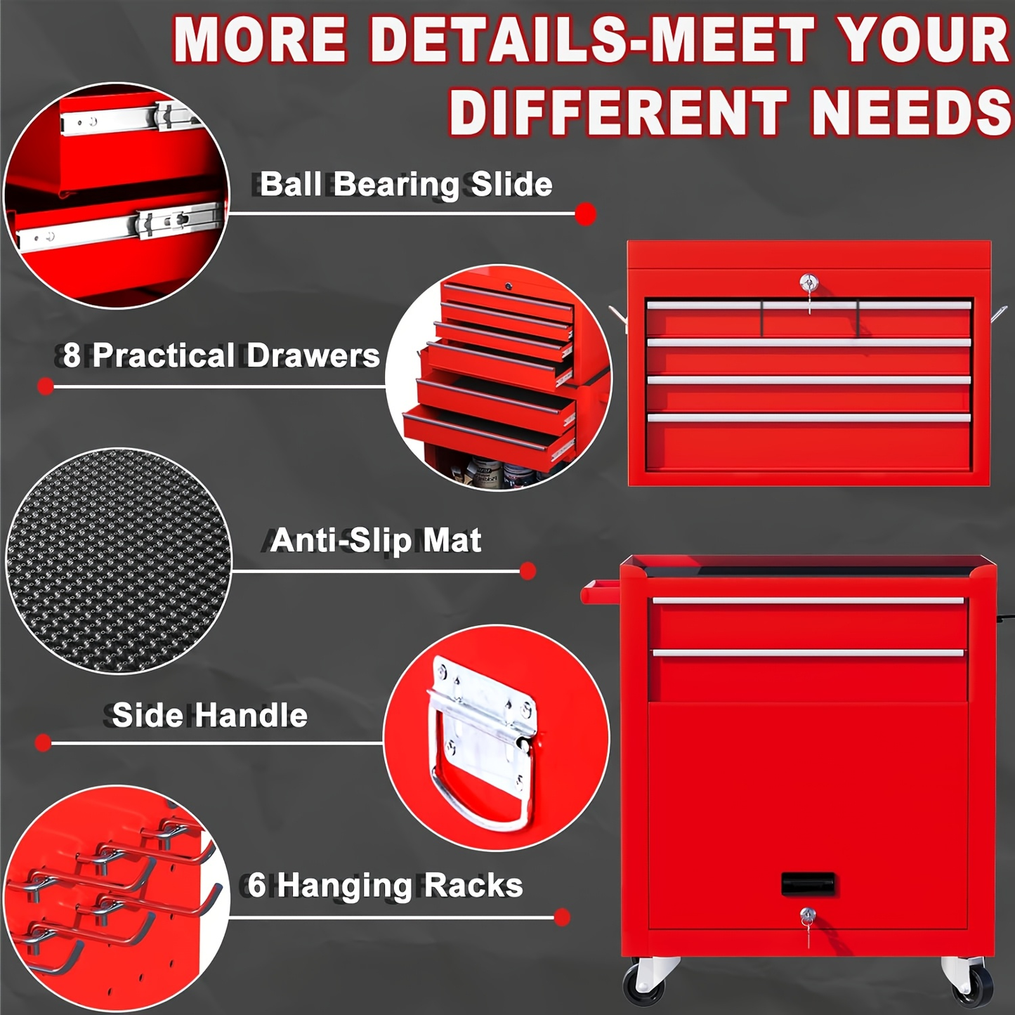 Rolling Tool Chest 8-Drawer Alloy Steel 2-in-1 Mobile Workbench Detachable Top Lockable Wheels Garage Storage Cabinet Tool Organizer for Workshop Home