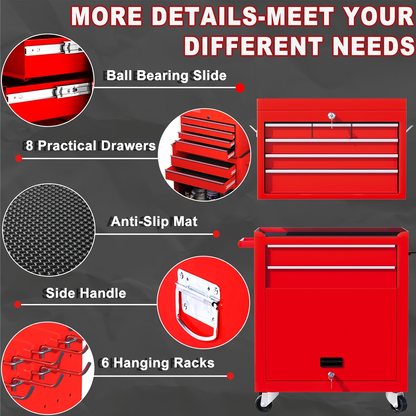 Rolling Tool Chest 8-Drawer Alloy Steel 2-in-1 Mobile Workbench Detachable Top Lockable Wheels Garage Storage Cabinet Tool Organizer for Workshop Home