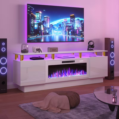 Fireplace TV Stand 70 Inch with 36" Electric Fireplace 2-Tier High Gloss Wood Entertainment Center LED Lights Cabinet Media Console Living Room