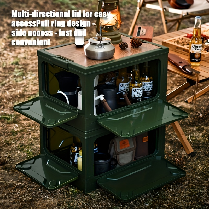 Outdoor Folding Table ABS 5-Door Storage Compartments Wooden Lid Portable Camping Table for Party, Travel, Picnic & Backyard Use