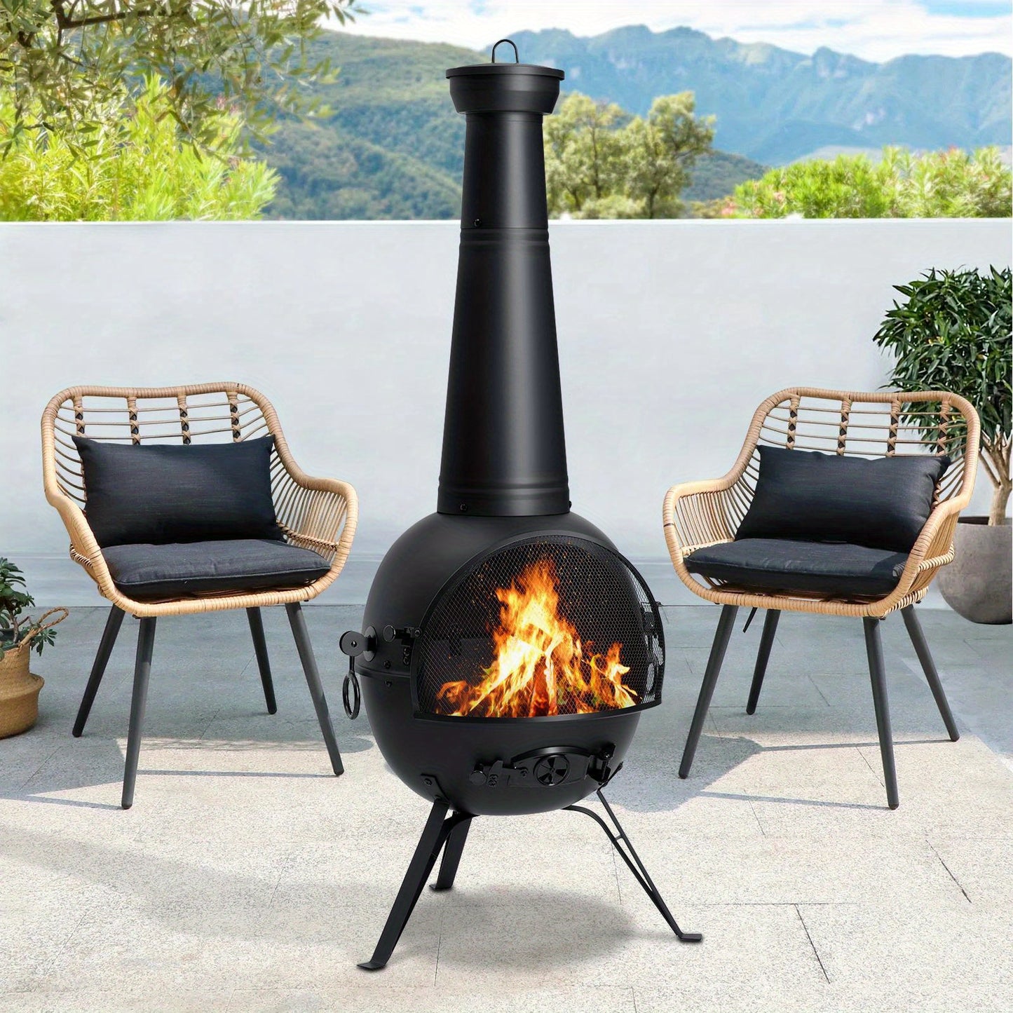 Cast Iron Chiminea 26 Inch Outdoor Patio Fireplace Wood Burning Fire Pit with Cover & Air Vent