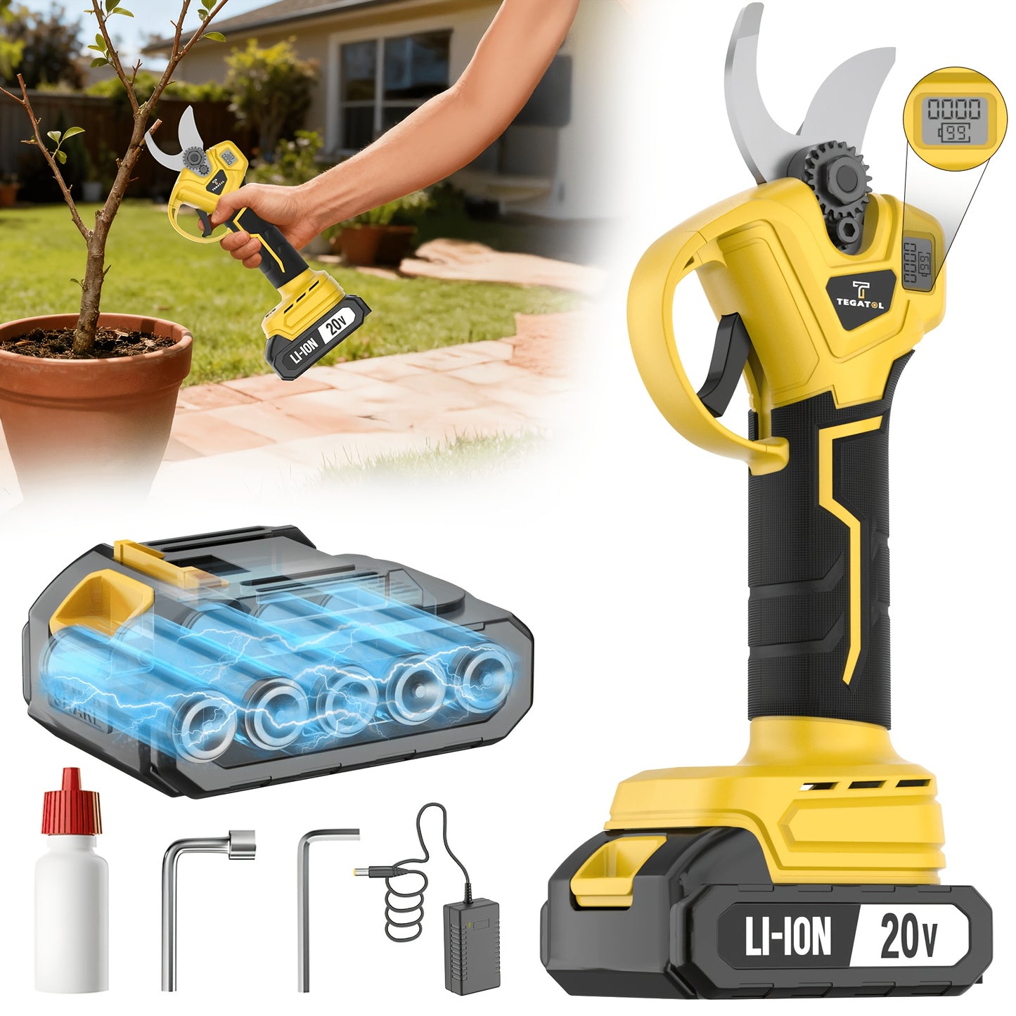 20V Cordless Pruning Shears Upgraded Electric Tree Pruner with Display Screen, Replaceable Blade, 1 or 2 Batteries & Storage Bag for Branch Cutting & Garden Pruning