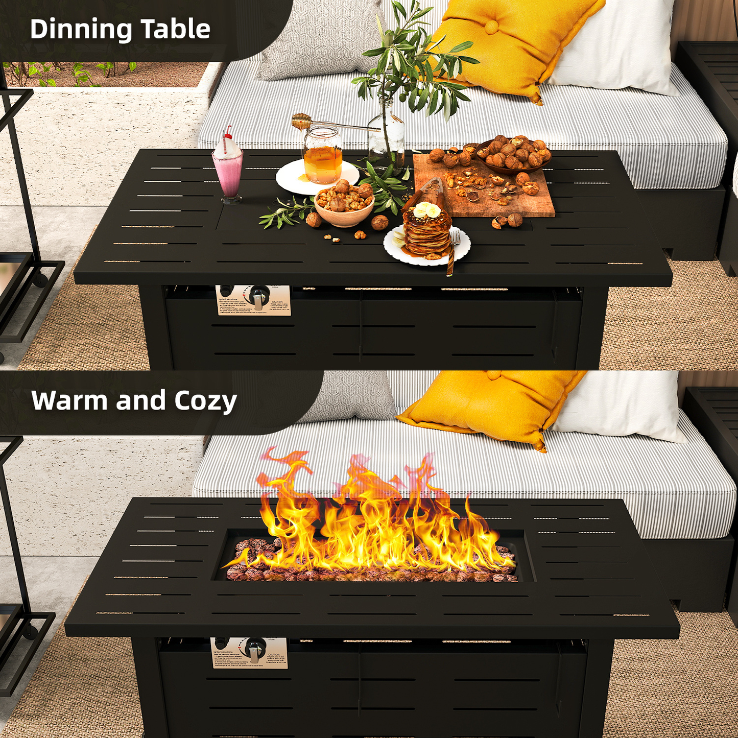 Propane Fire Pit Table Outdoor 50,000 BTU Gas Fire Table with Lid Lava Rocks & Waterproof Cover for Patio Backyard Deck Black Brown 40"/44"
