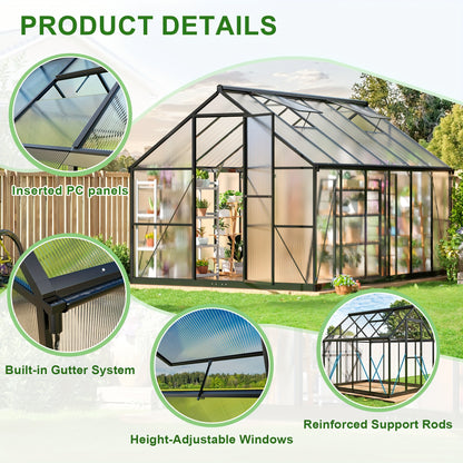 Polycarbonate Greenhouse Walk-In Aluminum Frame 720g PC Panels, 90% UV Protection, 5-Speed Roof Vents & Lockable Door for Backyard Year-Round Gardening, Multiple Sizes